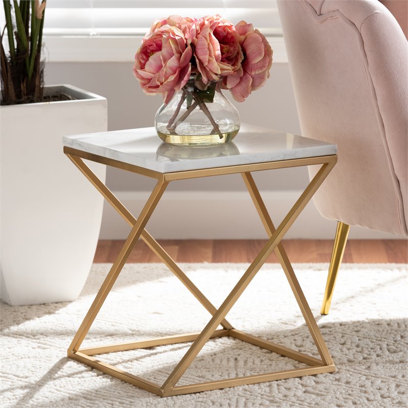 Baxton Studio Hadley Gold Finished Metal End Table with Marble Tabletop