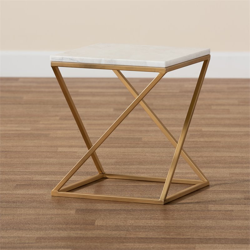 Baxton Studio Hadley Gold Finished Metal End Table with Marble Tabletop