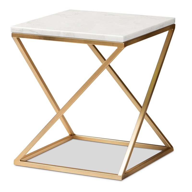 Baxton Studio Hadley Gold Finished Metal End Table with Marble Tabletop