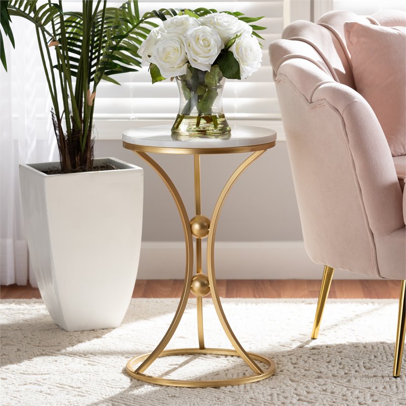Baxton Studio Tarmon Gold Finished Metal End Table with Marble Tabletop