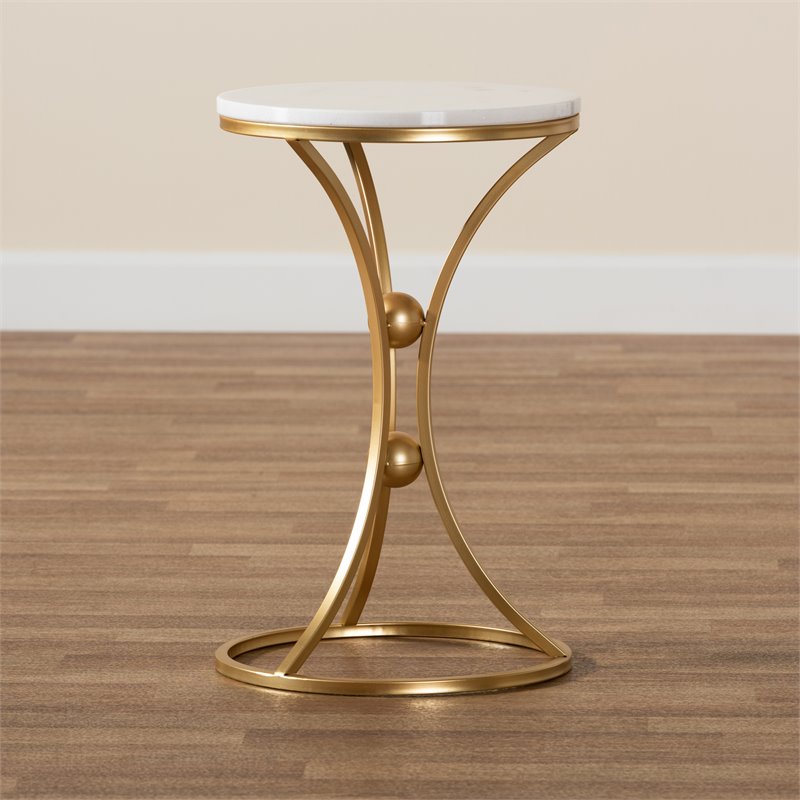 Baxton Studio Tarmon Gold Finished Metal End Table with Marble Tabletop