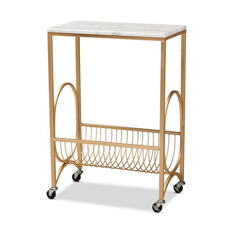 Baxton Studio Jacek Gold Finished Metal Wine Cart with Marble Tabletop