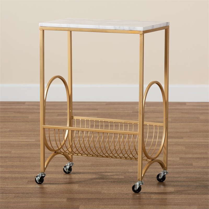 Baxton Studio Jacek Gold Finished Metal Wine Cart with Marble Tabletop
