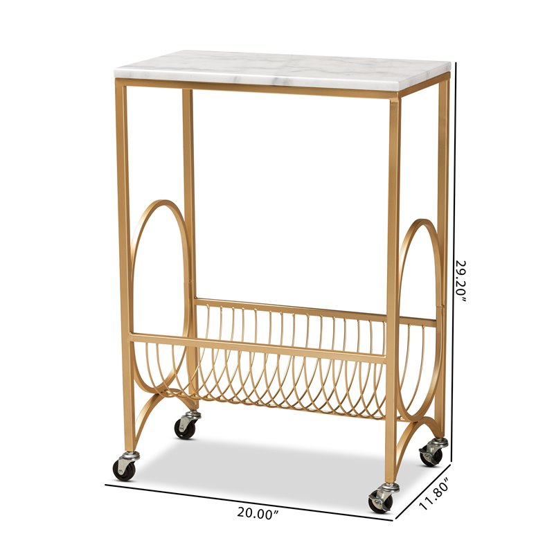 Baxton Studio Jacek Gold Finished Metal Wine Cart with Marble Tabletop