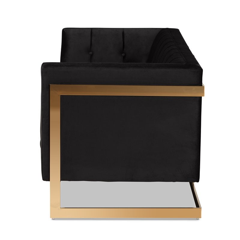 Baxton Studio Ambra Black Velvet and Button Tufted Sofa with Gold-Tone Frame