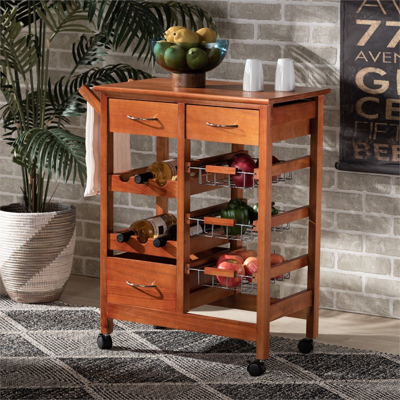 Baxton Studio Crayton Brown Finished Wood Kitchen Storage Cart