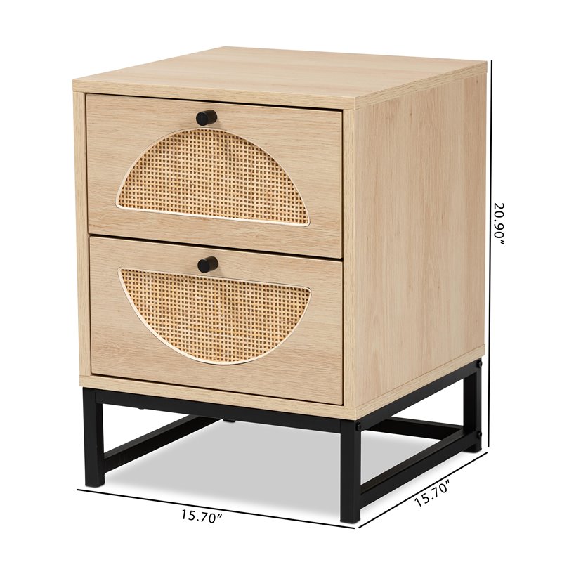Baxton Studio Ardon Brown Wood and Black Metal 2-Drawer End Table with Rattan