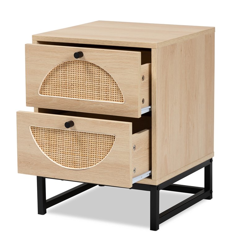 Baxton Studio Ardon Brown Wood and Black Metal 2-Drawer End Table with Rattan