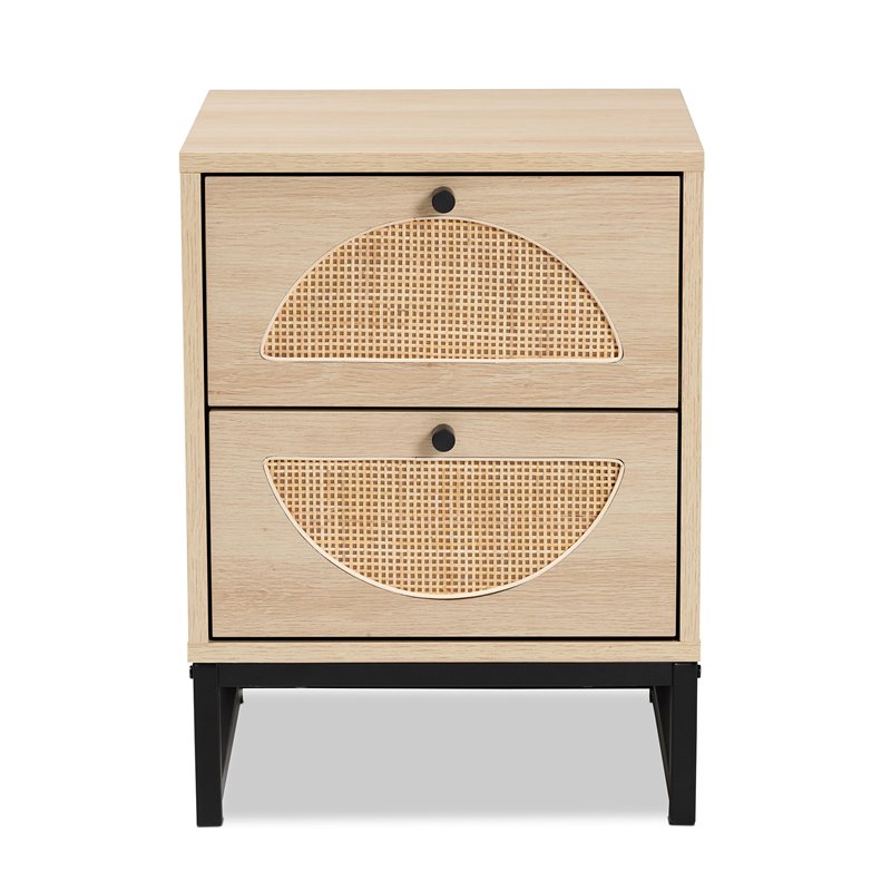 Baxton Studio Ardon Brown Wood and Black Metal 2-Drawer End Table with Rattan