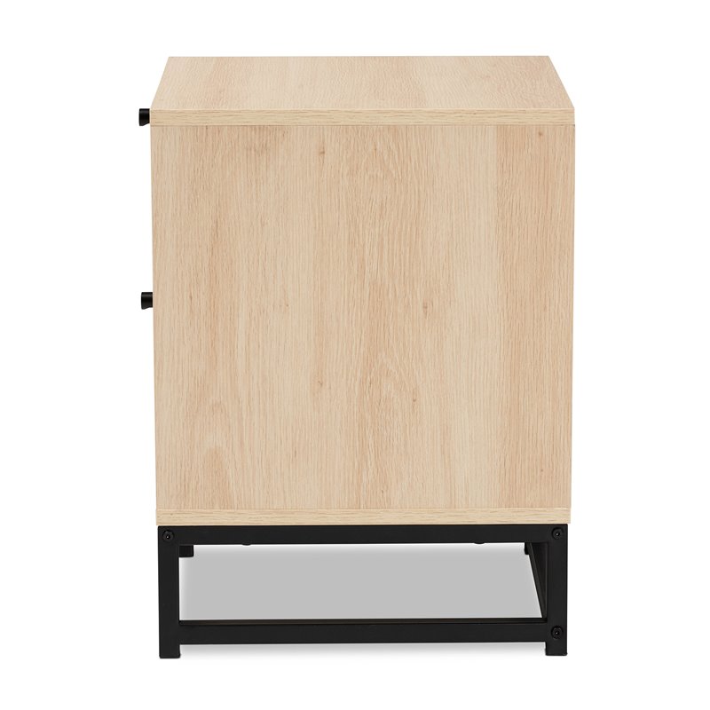Baxton Studio Ardon Brown Wood and Black Metal 2-Drawer End Table with Rattan