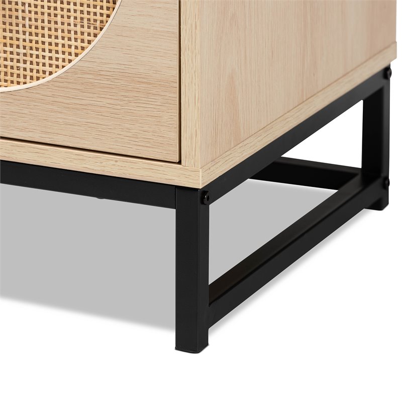 Baxton Studio Ardon Brown Wood and Black Metal 2-Drawer End Table with Rattan