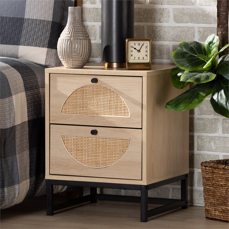 Baxton Studio Ardon Brown Wood and Black Metal 2-Drawer End Table with Rattan