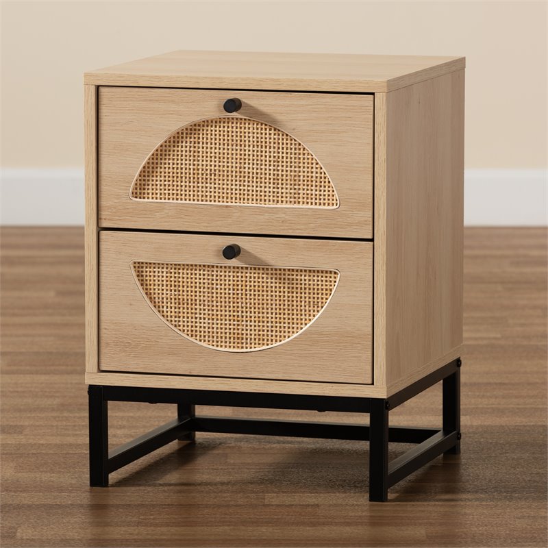 Baxton Studio Ardon Brown Wood and Black Metal 2-Drawer End Table with Rattan
