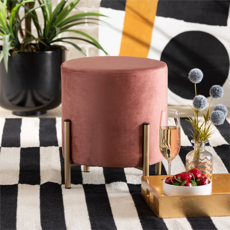 Baxton Studio Thurman Pink Velvet and Gold Finished Metal Ottoman