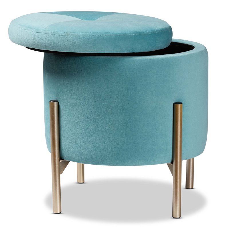 Baxton Studio Malina Sky Blue Velvet and Gold Finished Metal Storage Ottoman