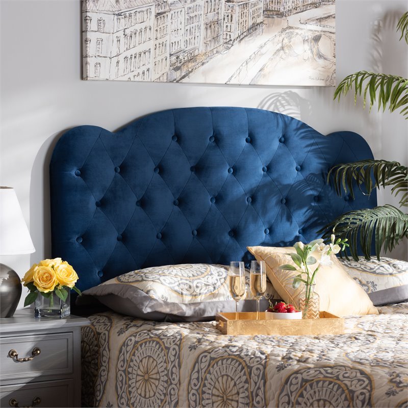 Baxton Studio Clovis Navy Blue Velvet Fabric Upholstered Queen Size Headboard