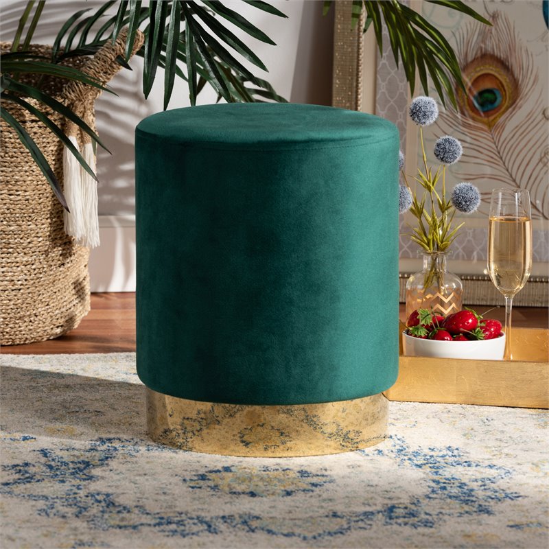 Baxton Studio Chaela Green Velvet and Gold Finished Metal Ottoman