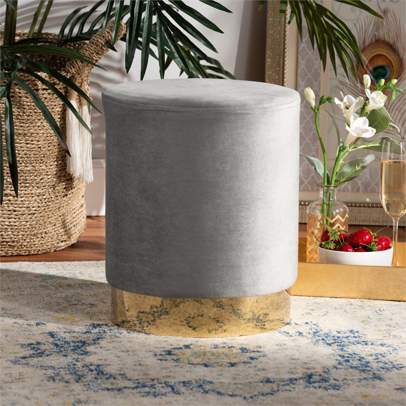 Baxton Studio Chaela Gray Velvet and Gold Finished Metal Ottoman