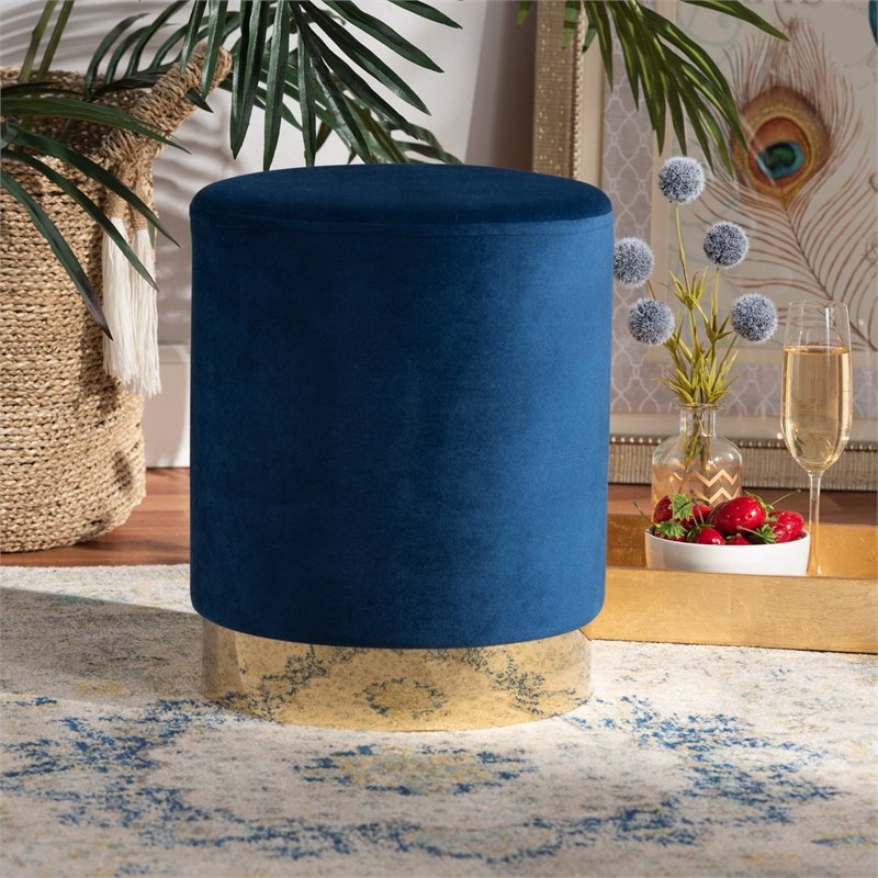 Baxton Studio Chaela Navy Blue Velvet and Gold Finished Metal Ottoman