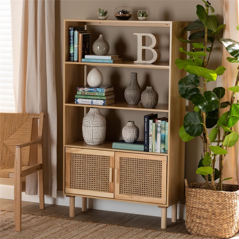Baxton Studio Faulkner Natural Brown Finished Wood and Rattan 2-Door Bookcase