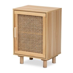 Baxton Studio Maclean Rattan and Natural Brown Finished Wood 1-Door End Table