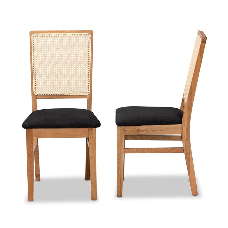 Baxton Studio Idris Black and Oak brown 2-Piece Rattan Wood Dining Chair Set