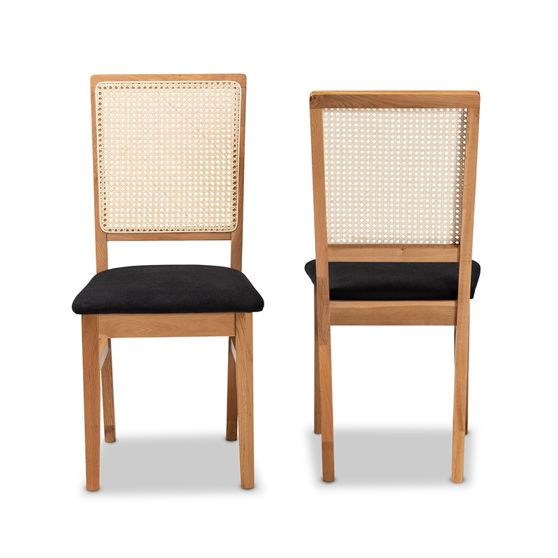 Baxton Studio Idris Black and Oak brown 2-Piece Rattan Wood Dining Chair Set