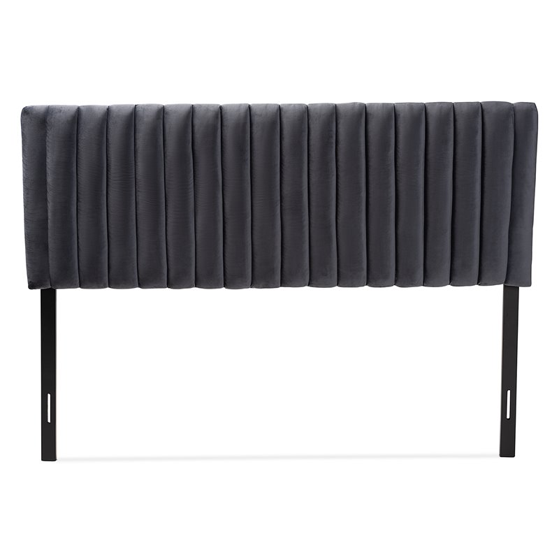 Baxton Studio Emile Gray Velvet and Dark Brown Finished Wood King Size Headboard