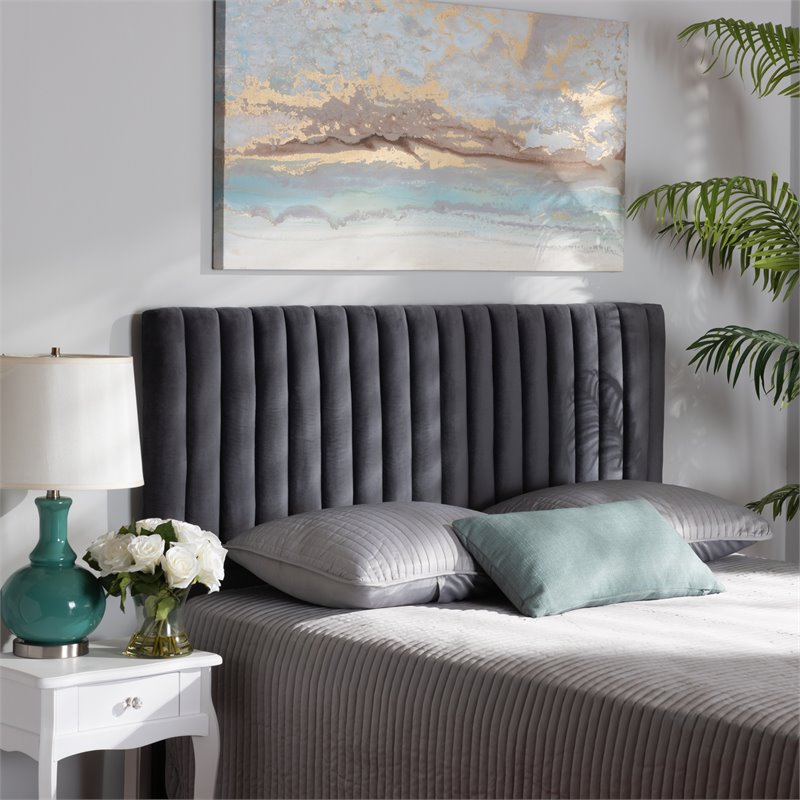 Baxton Studio Emile Gray Velvet and Dark Brown Finished Wood King Size Headboard