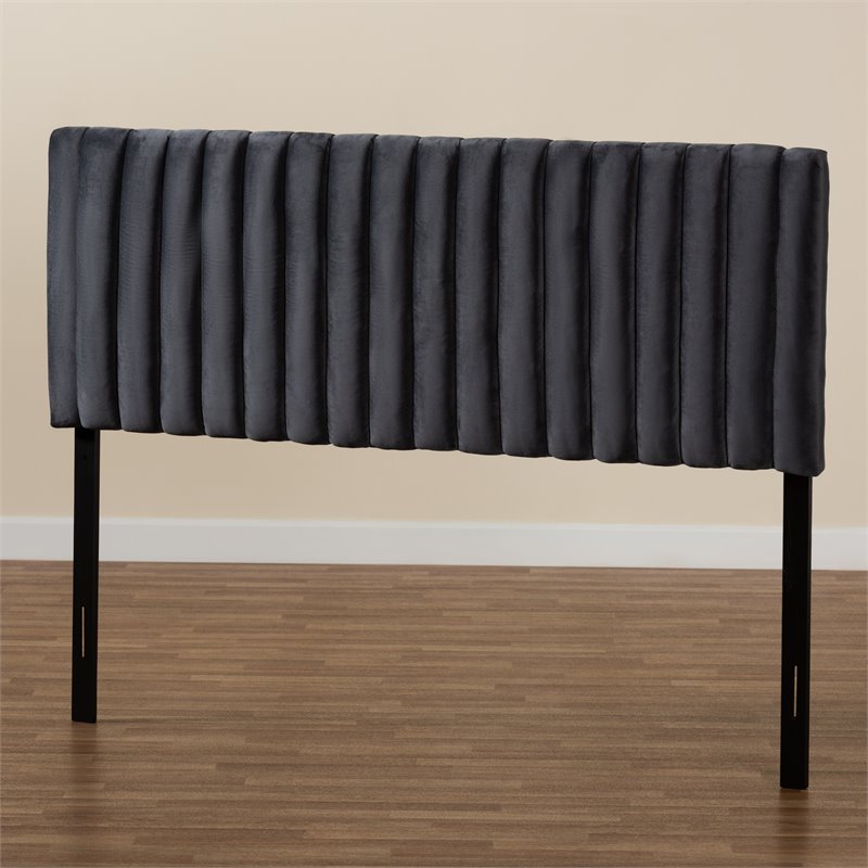 Baxton Studio Emile Gray Velvet and Dark Brown Finished Wood King Size Headboard