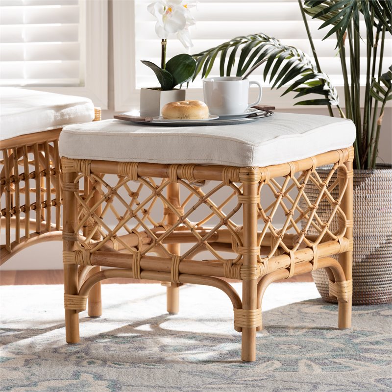 Baxton Studio Orchard White Fabric Upholstered and Brown Rattan Ottoman