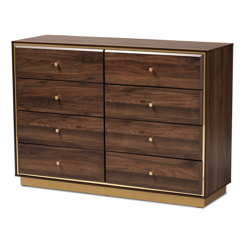 Baxton Studio Cormac Walnut Brown Finished Wood and Gold Metal 8-Drawer Dresser