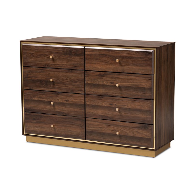 Baxton Studio Cormac Walnut Brown Finished Wood and Gold Metal 8-Drawer Dresser