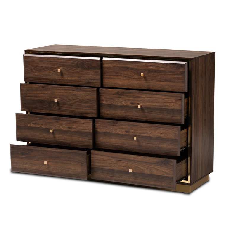Baxton Studio Cormac Walnut Brown Finished Wood and Gold Metal 8-Drawer Dresser