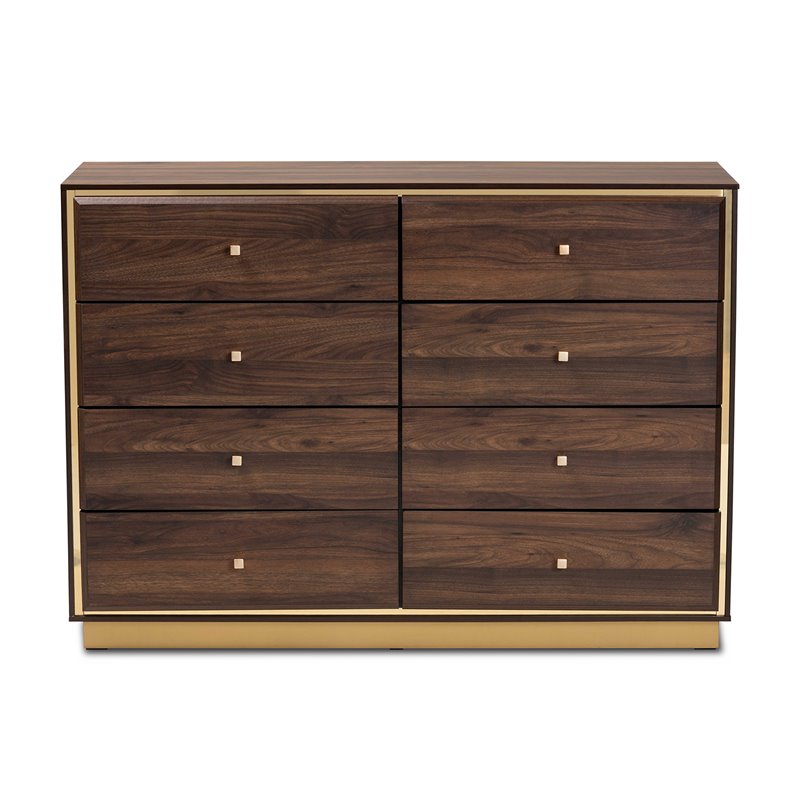 Baxton Studio Cormac Walnut Brown Finished Wood and Gold Metal 8-Drawer Dresser