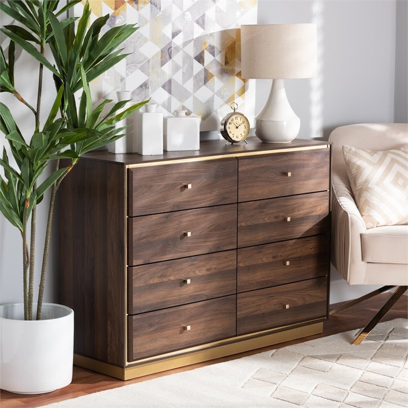 Baxton Studio Cormac Walnut Brown Finished Wood and Gold Metal 8-Drawer Dresser