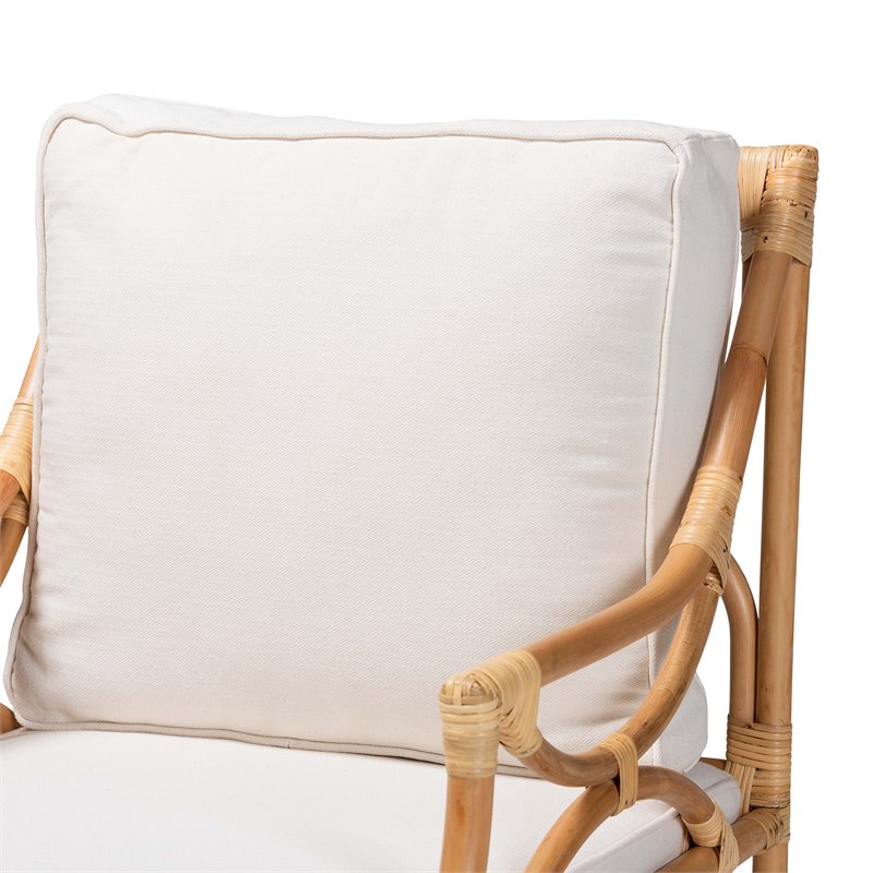 Baxton Studio Brandon White Fabric Upholstered and Natural Brown Rattan Armchair