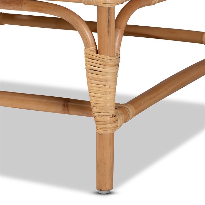 Baxton Studio Brandon White Fabric Upholstered and Natural Brown Rattan Armchair
