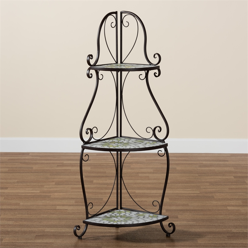 Baxton Studio Airell Contemporary Glass and Black Metal 3-Tier Plant Stand