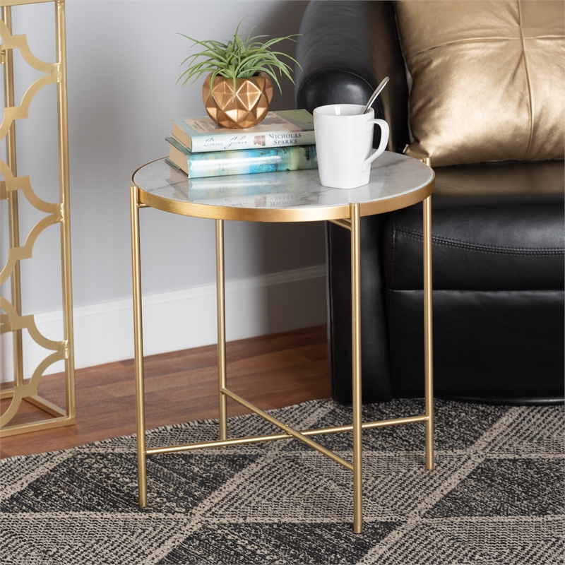 Baxton Studio Maddock Contemporary Gold Metal End Table with Marble Tabletop