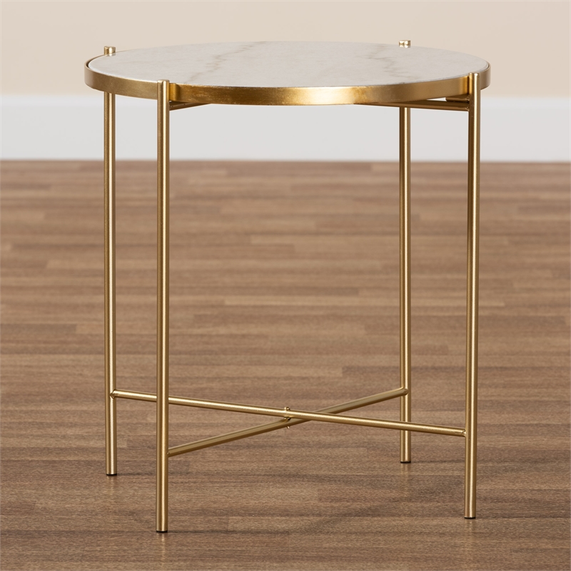 Baxton Studio Maddock Contemporary Gold Metal End Table with Marble Tabletop