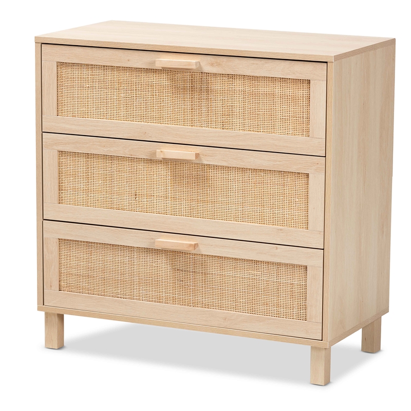 Baxton Studio Sebille Light Brown Wood 3-Drawer Storage Cabinet with Rattan