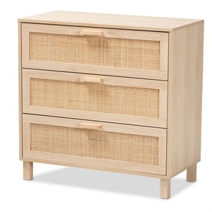 Baxton Studio Sebille Light Brown Wood 3-Drawer Storage Cabinet with Rattan