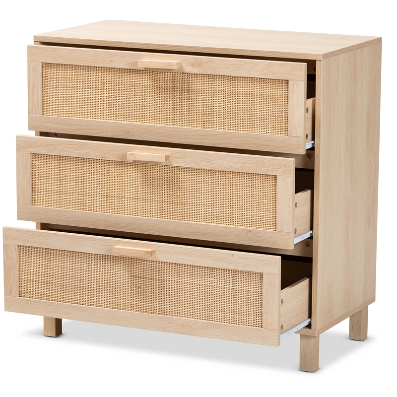 Baxton Studio Sebille Light Brown Wood 3-Drawer Storage Cabinet with Rattan