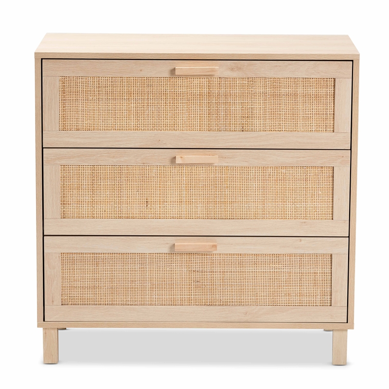 Baxton Studio Sebille Light Brown Wood 3-Drawer Storage Cabinet with Rattan