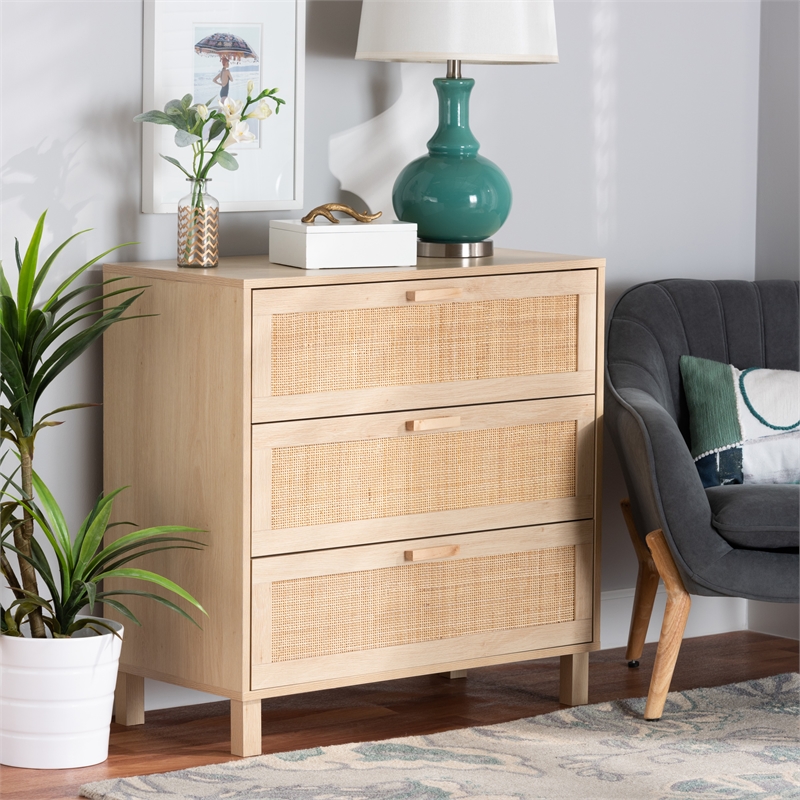Baxton Studio Sebille Light Brown Wood 3-Drawer Storage Cabinet with Rattan
