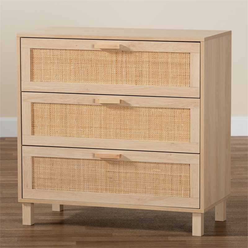 Baxton Studio Sebille Light Brown Wood 3-Drawer Storage Cabinet with Rattan