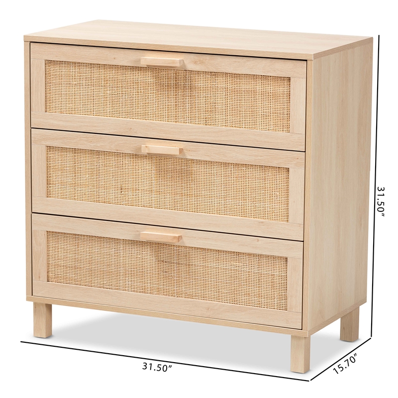 Baxton Studio Sebille Light Brown Wood 3-Drawer Storage Cabinet with Rattan