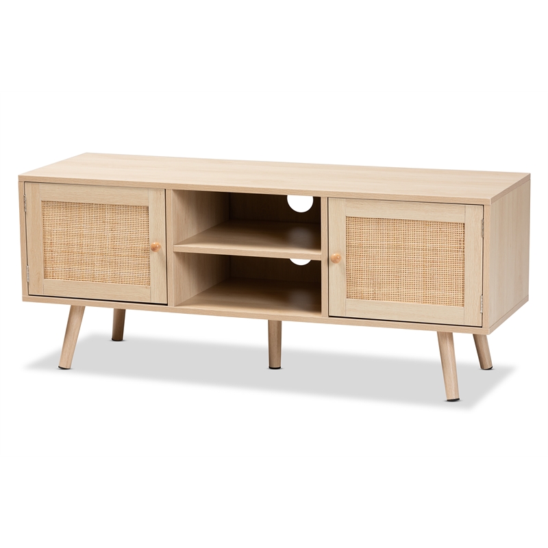 Baxton Studio Sebille Light Brown  Wood 2-Door TV Stand with Natural Rattan