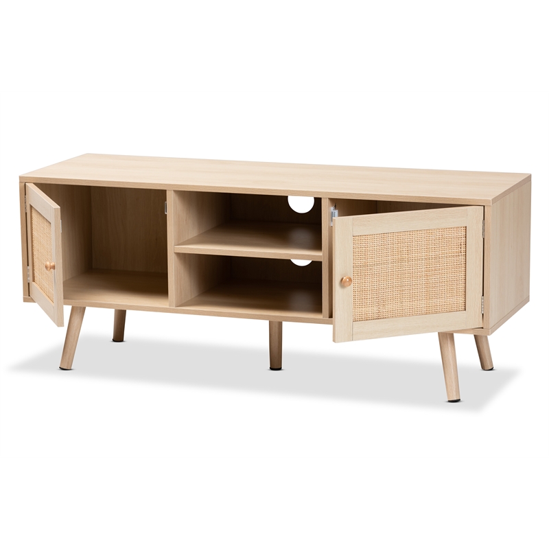 Baxton Studio Sebille Light Brown  Wood 2-Door TV Stand with Natural Rattan
